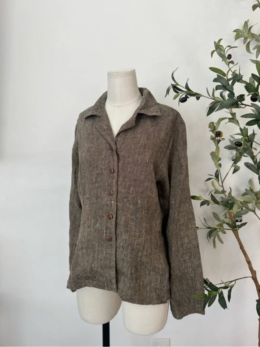 FLAX by Jeanne Engelhart 100% Linen Button Front Shirt Jacket Brown Size Small - Picture 3 of 6